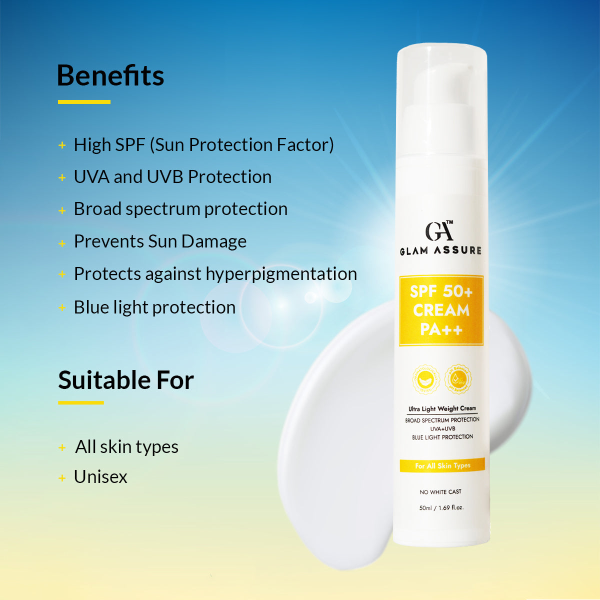 Sunscreen SPF 50+ Cream PA++ For Broad Spectrum, Ultra Light Weight, Airless Bottle | 50ml